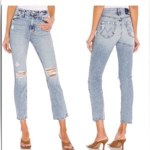 MOTHER Blue Ankle Cropped Distressed Jeans